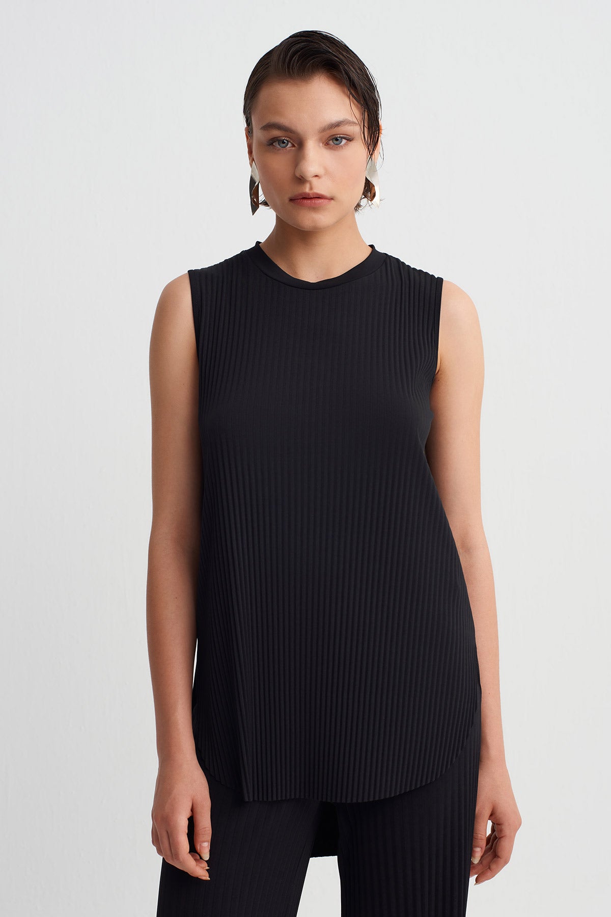 Black Jersey Pleated T-Shirt-Y261011133