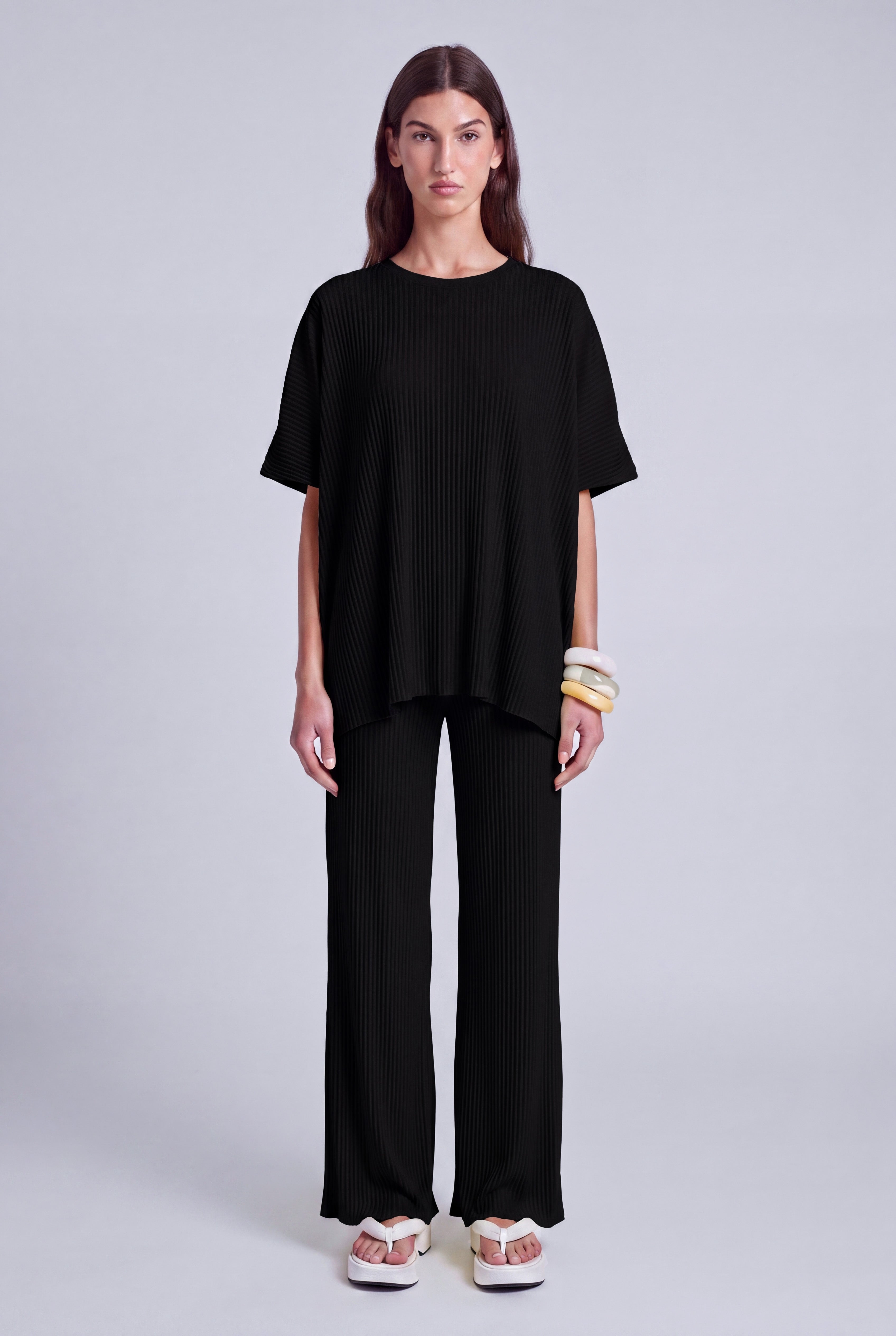 Black Oversized Pleated T-Shirt-Y261011134
