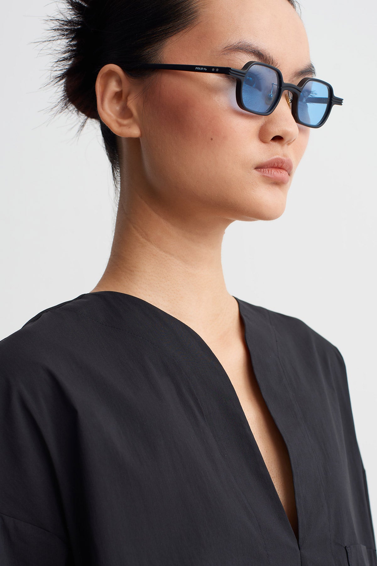 Black Poplin V-Neck Blouse-Y261011148
