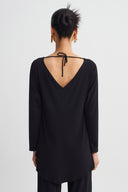 Black V-Neck Long Sleeve Jersey Blouse-Y261011178