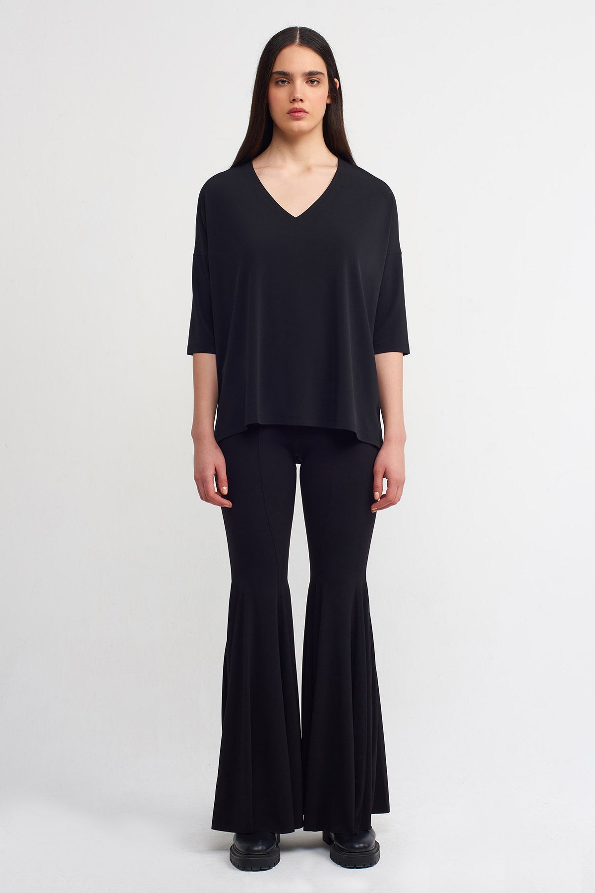 Black V-Neck Jersey Blouse-Y261011181