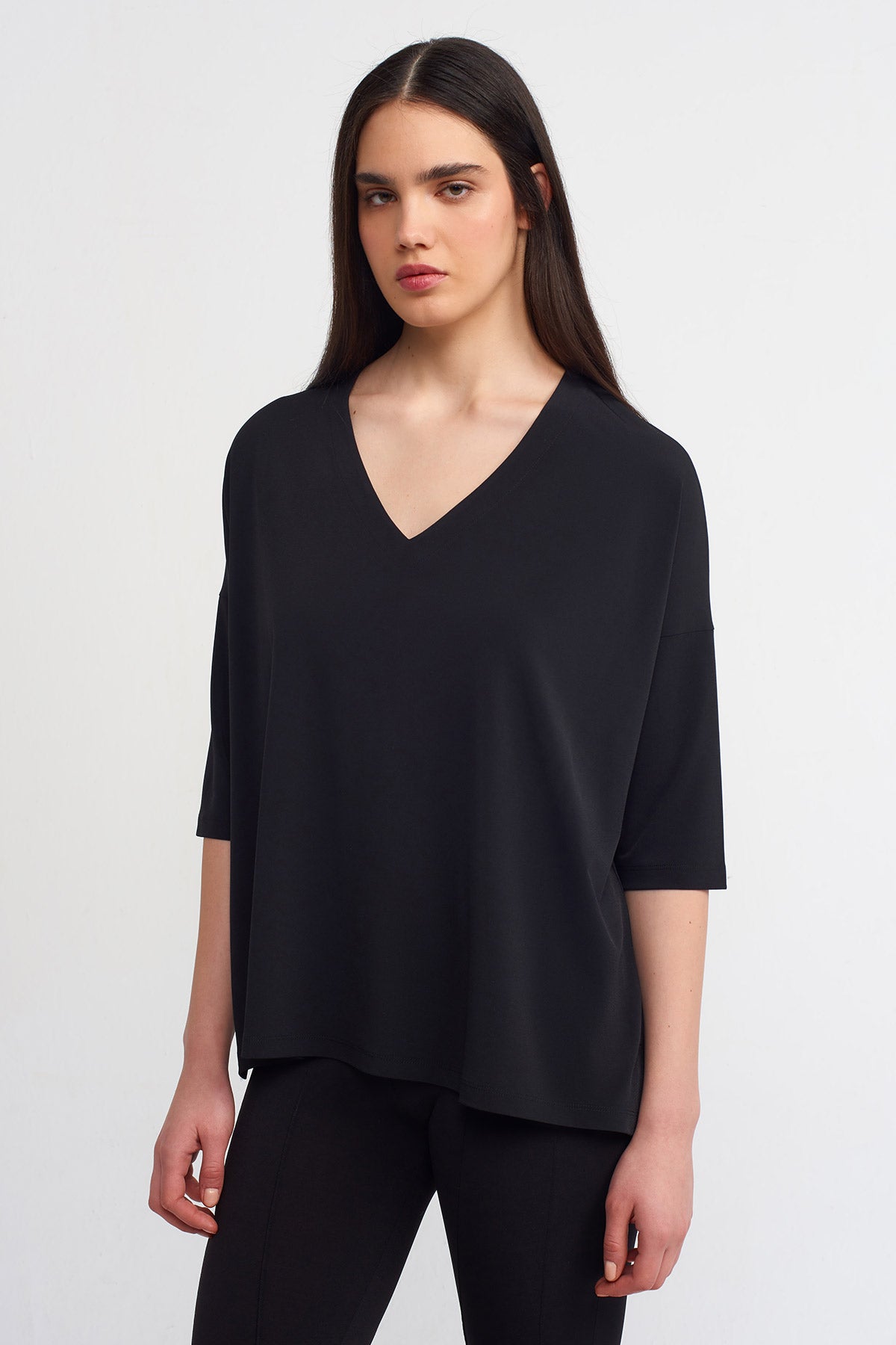 Black V-Neck Jersey Blouse-Y261011181