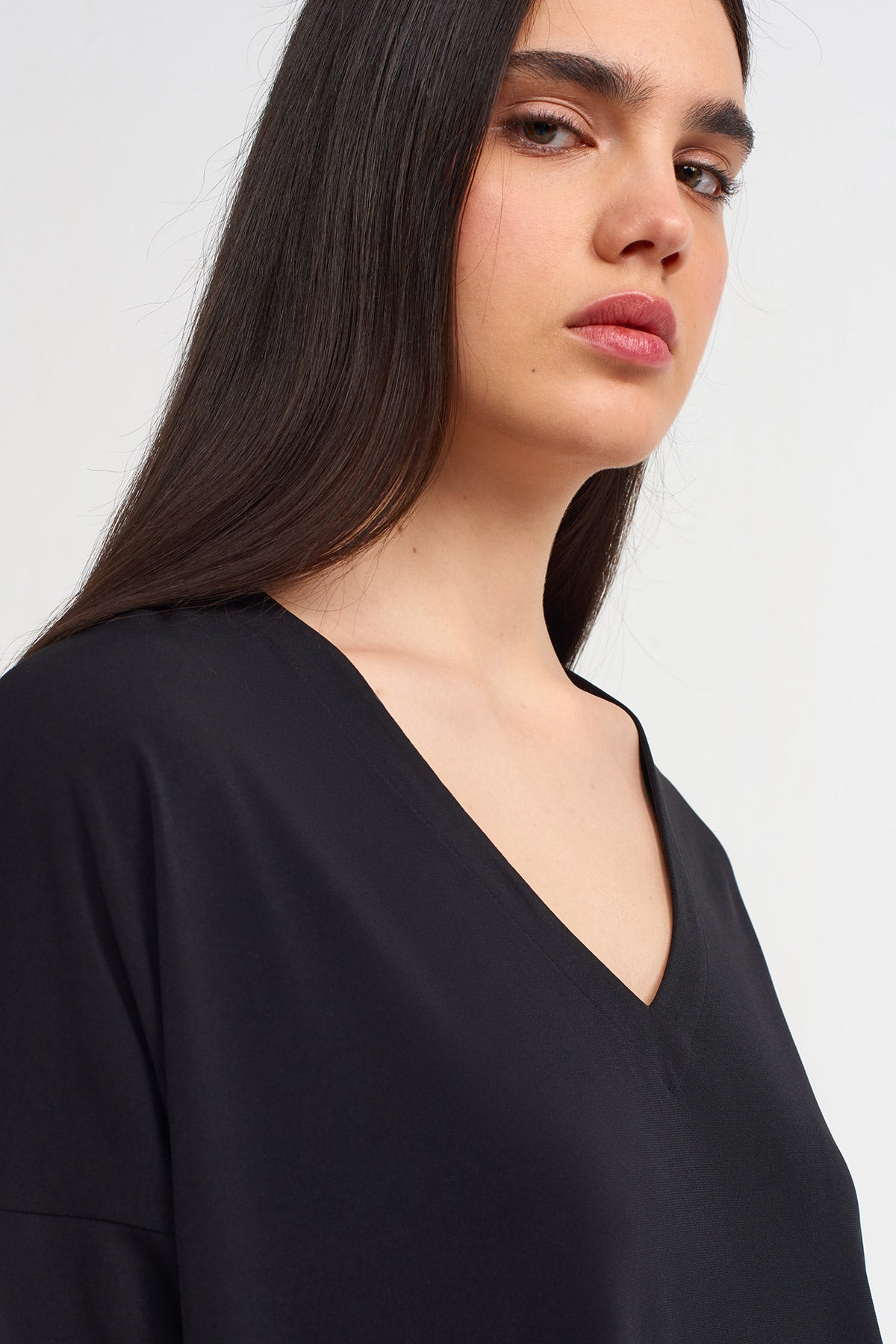 Black V-Neck Jersey Blouse-Y261011181