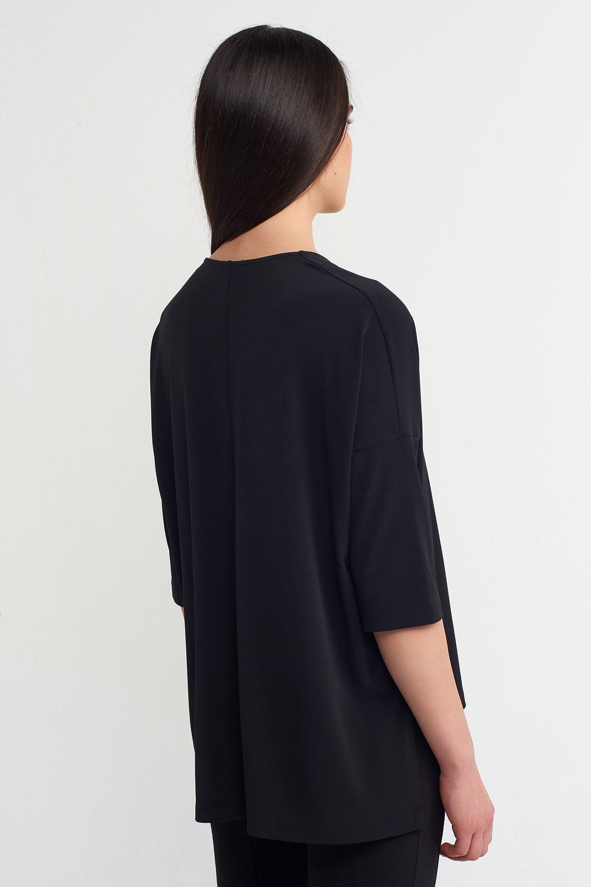 Black V-Neck Jersey Blouse-Y261011181