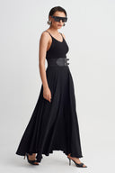 Black Double-Buckle Belted Long Skirt-K262012025
