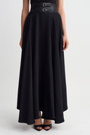 Black High-Waisted Long Skirt with Belt Detail-Y262012027