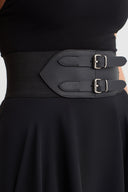Black Double-Buckle Belted Long Skirt-K262012025