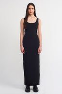 Black Side Slit Jersey Maxi Skirt-Y262012029