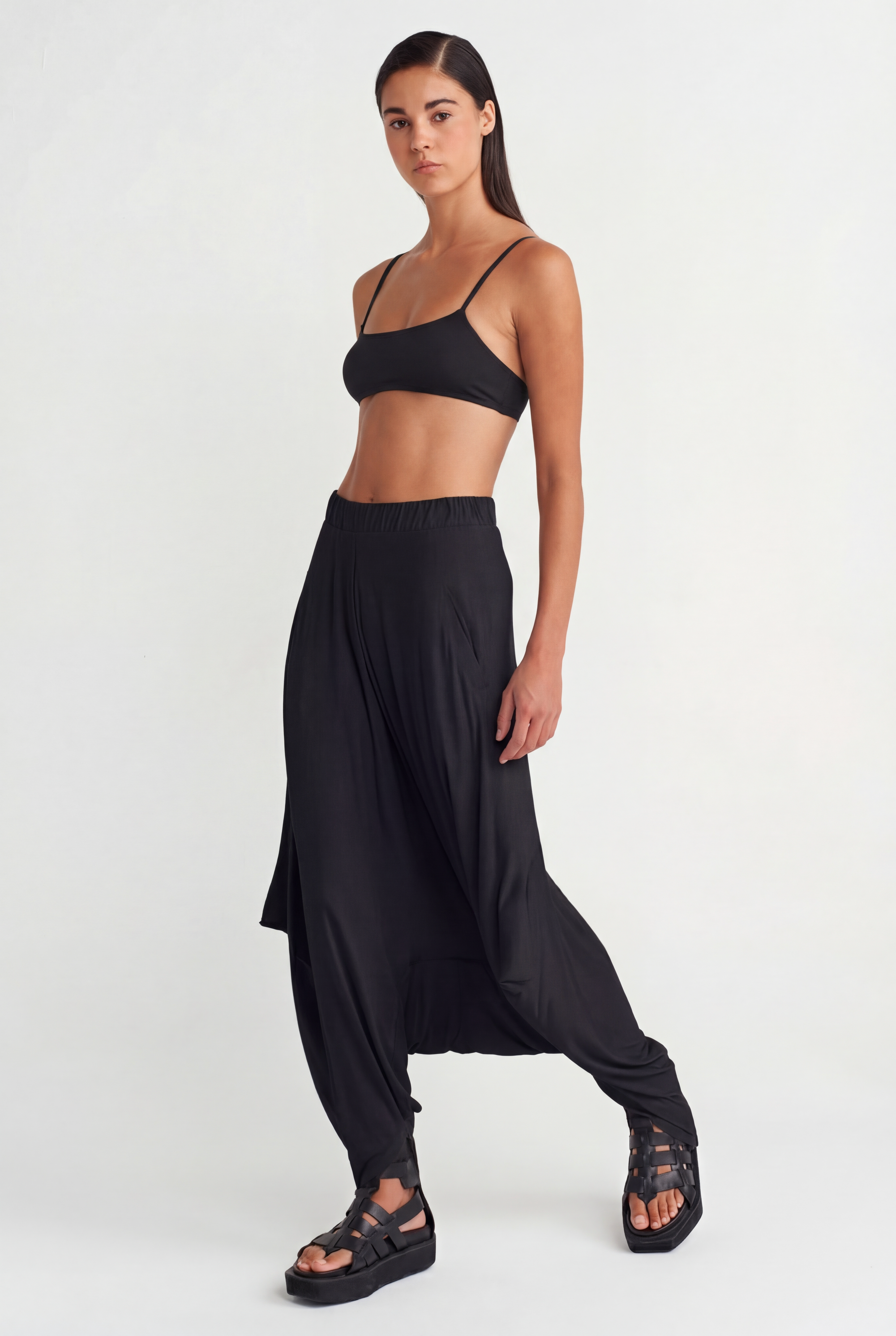 Black Draped Bamboo Harem Pants-Y263013005
