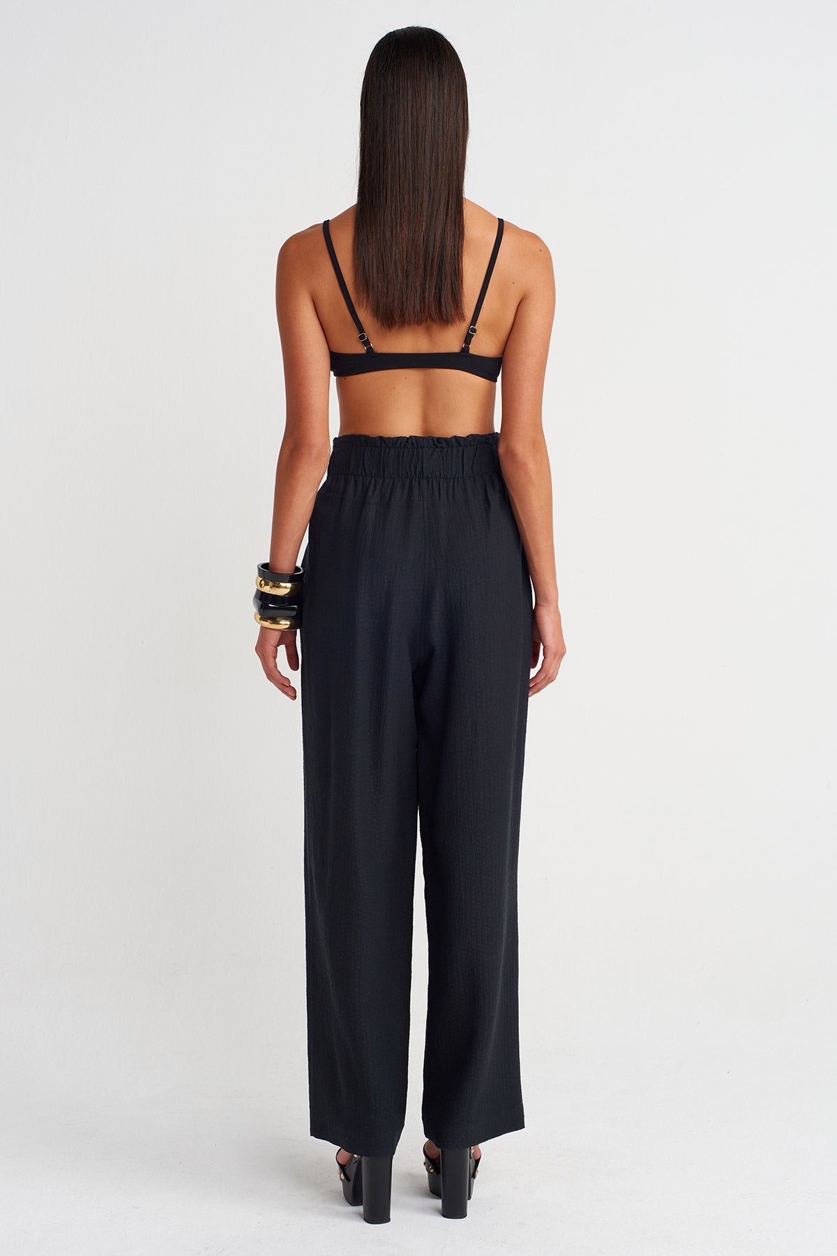 Black High-Waisted Pleated Trousers-Y263013008