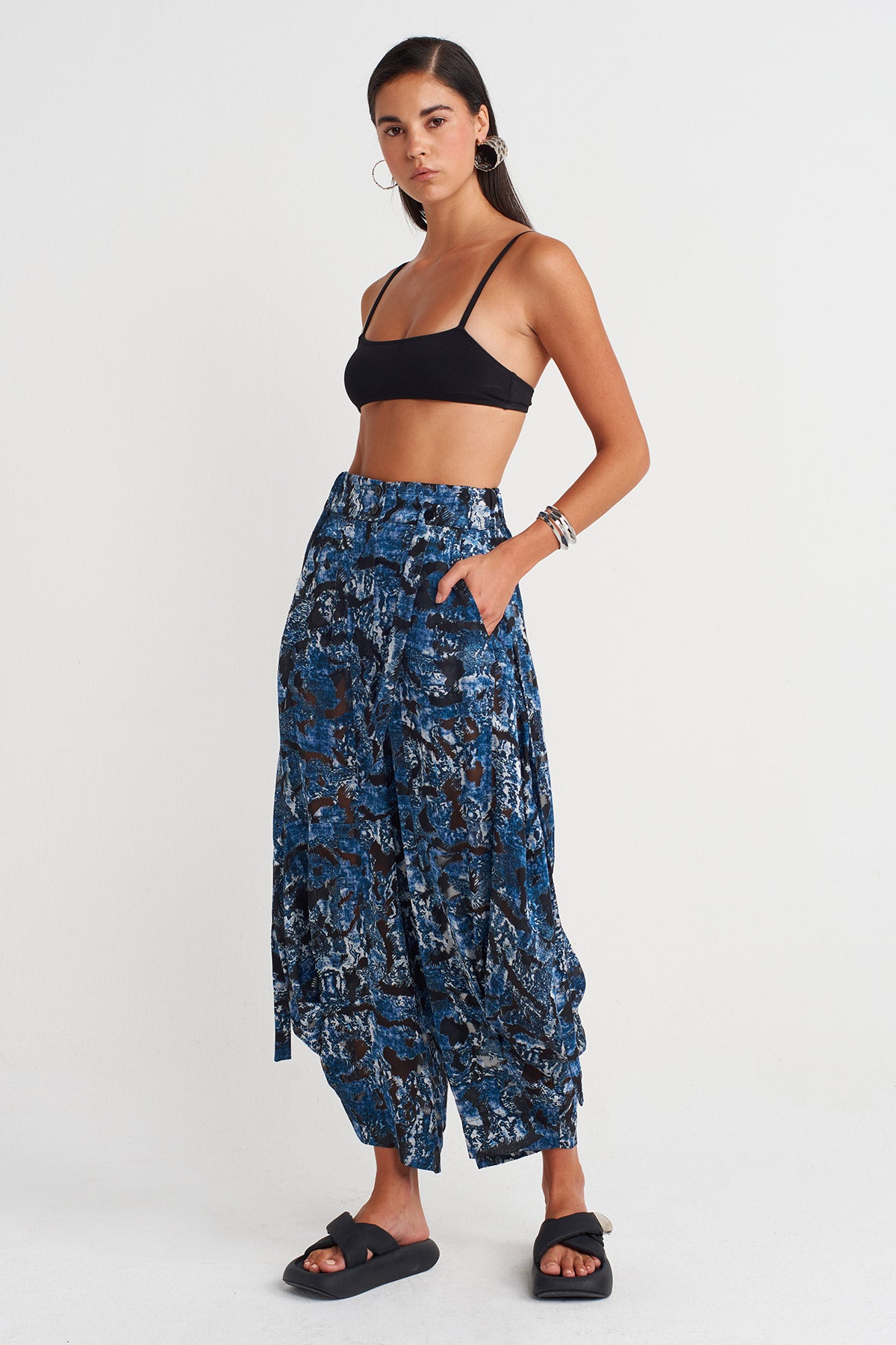 Indigo Abstract Printed Draped Trousers-Y263013009