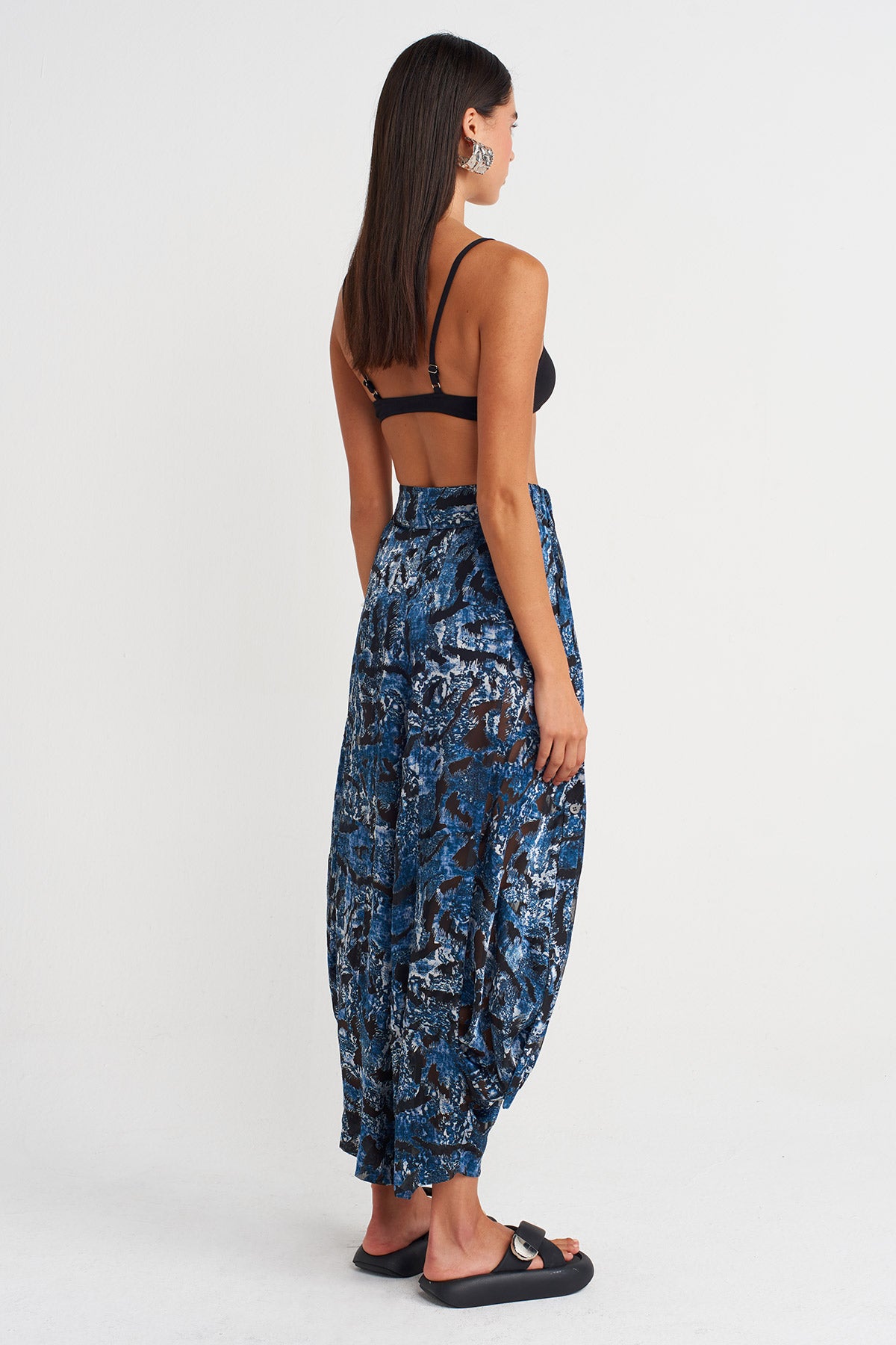 Indigo Abstract Printed Draped Trousers-Y263013009