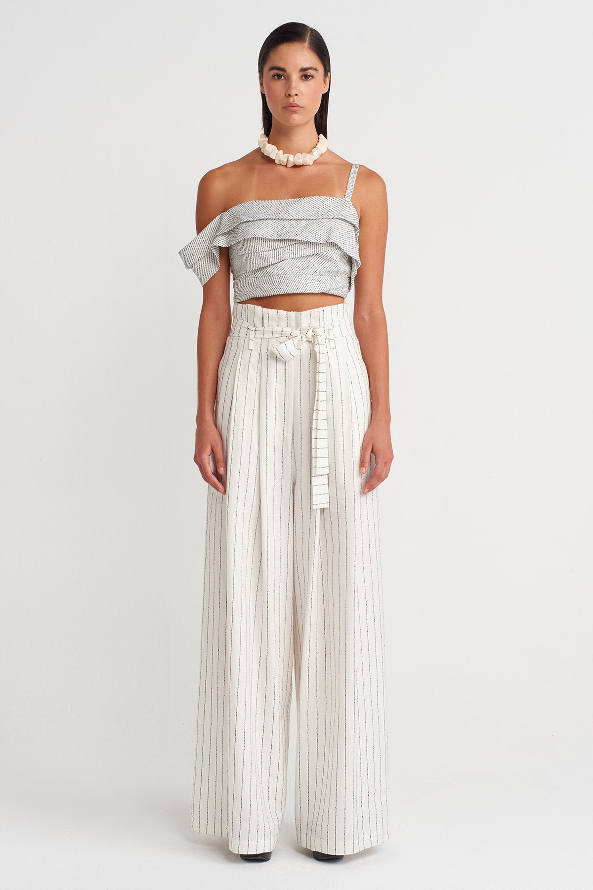 Off White Striped Wide-Leg Trousers-Y263013011