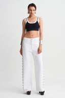Off White High-Waisted Trousers with Studded Sides-Y263013075