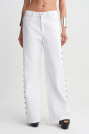 Off White High-Waisted Trousers with Studded Sides-Y263013075