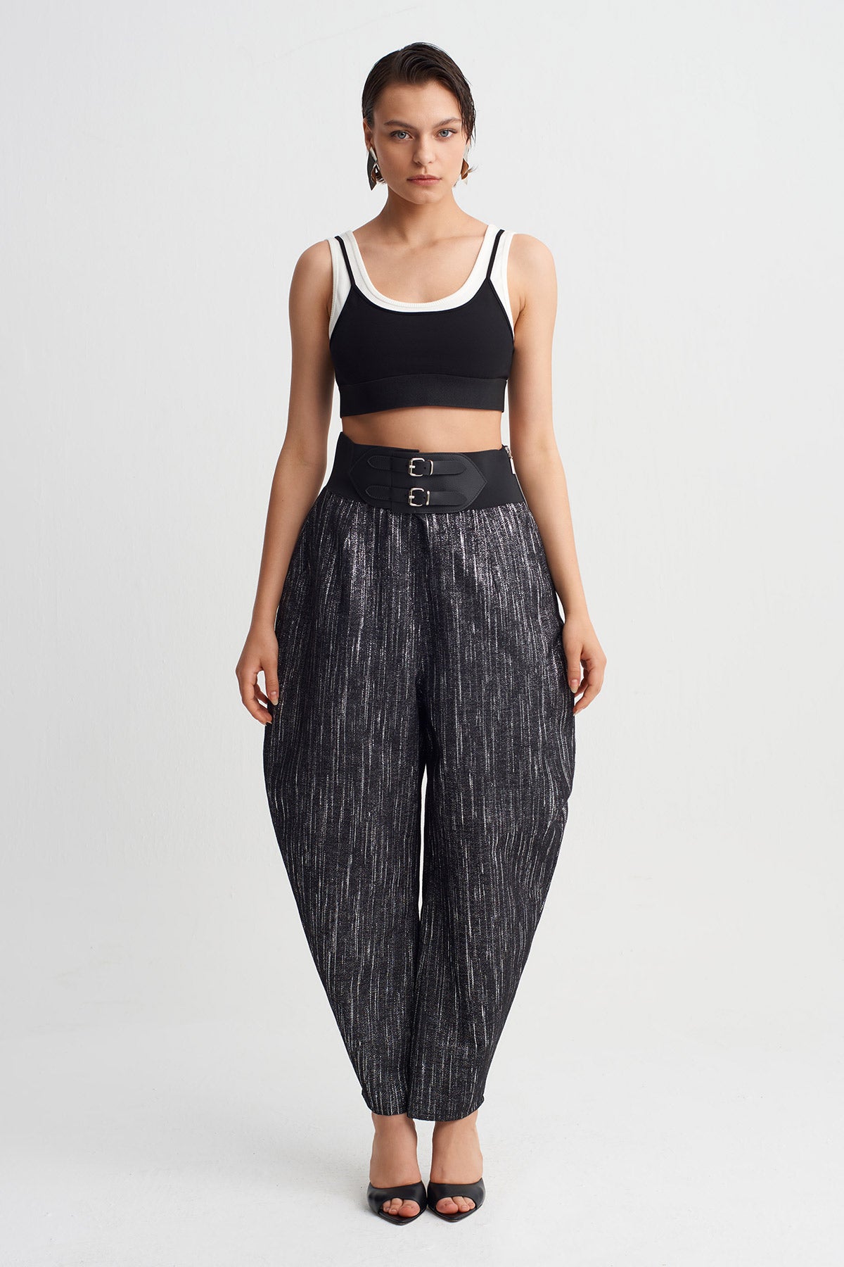 Black Mélange High-Waisted Belted Trousers-Y263013076