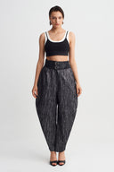 Black Mélange High-Waisted Belted Trousers-Y263013076