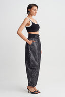 Black Mélange High-Waisted Belted Trousers-Y263013076