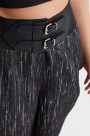 Black Mélange High-Waisted Belted Trousers-Y263013076