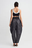 Black Mélange High-Waisted Belted Trousers-Y263013076