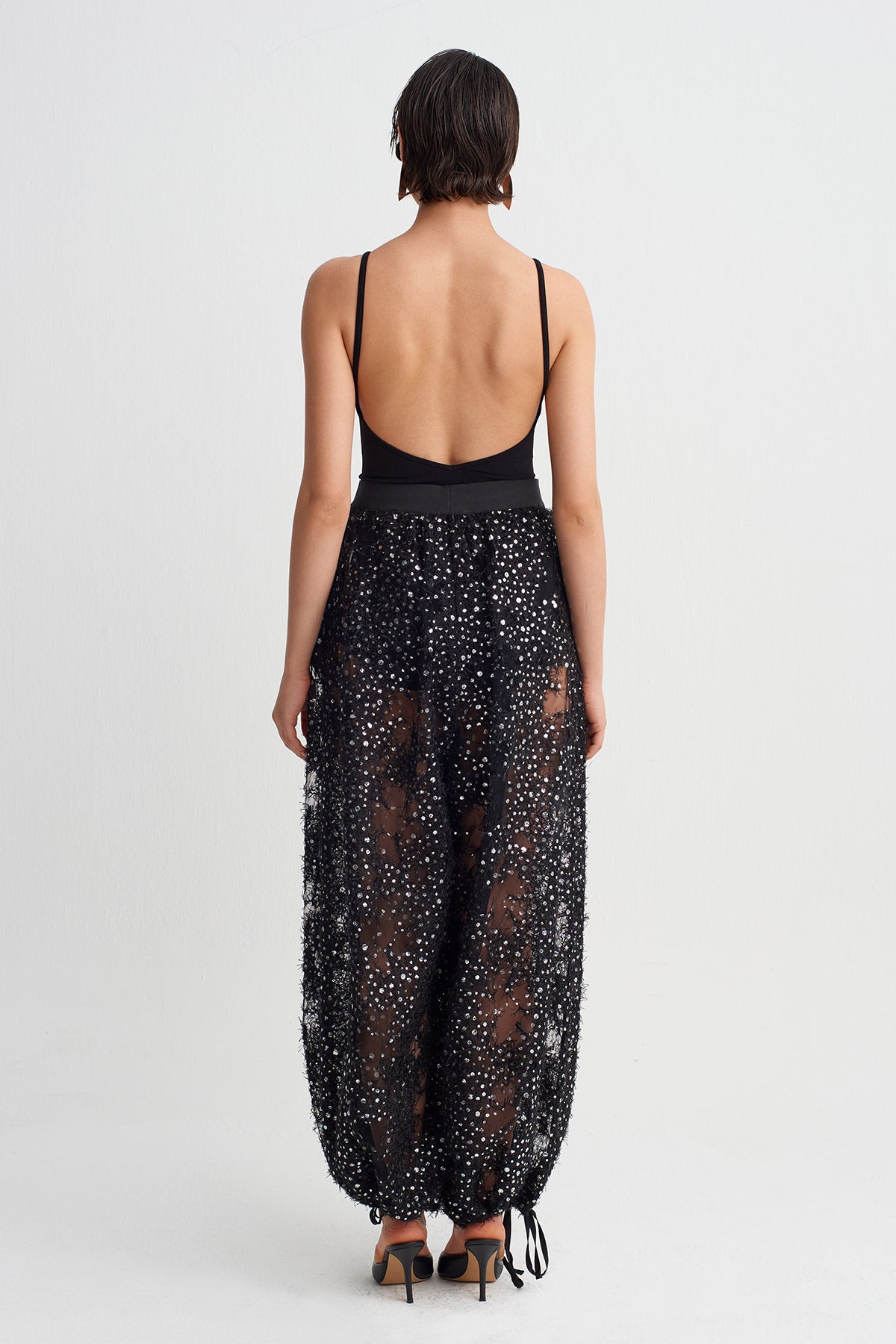Black Shimmer Balloon Trousers-Y263013077
