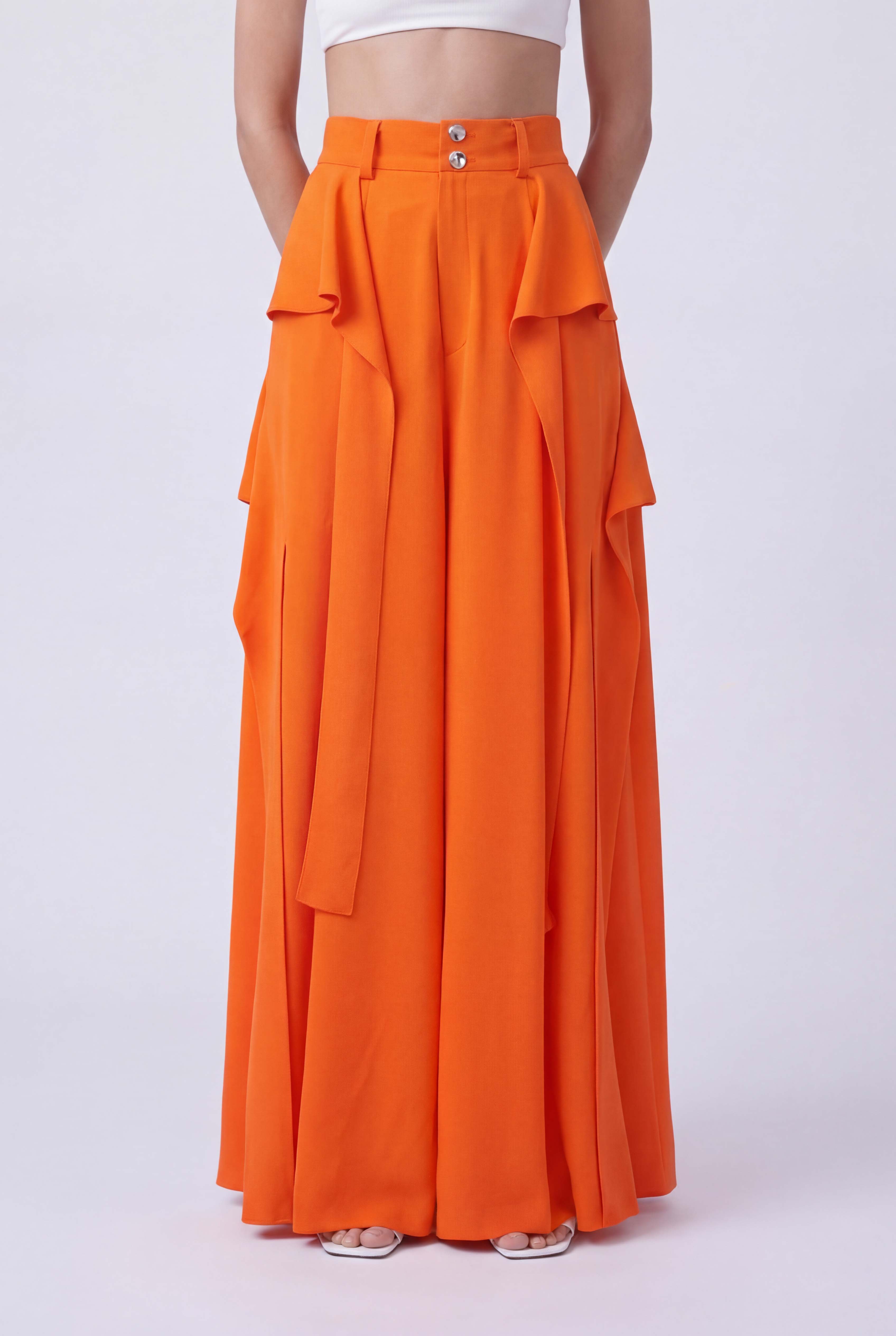 Orange Flounce Detail Wide Leg Trousers-Y263013097