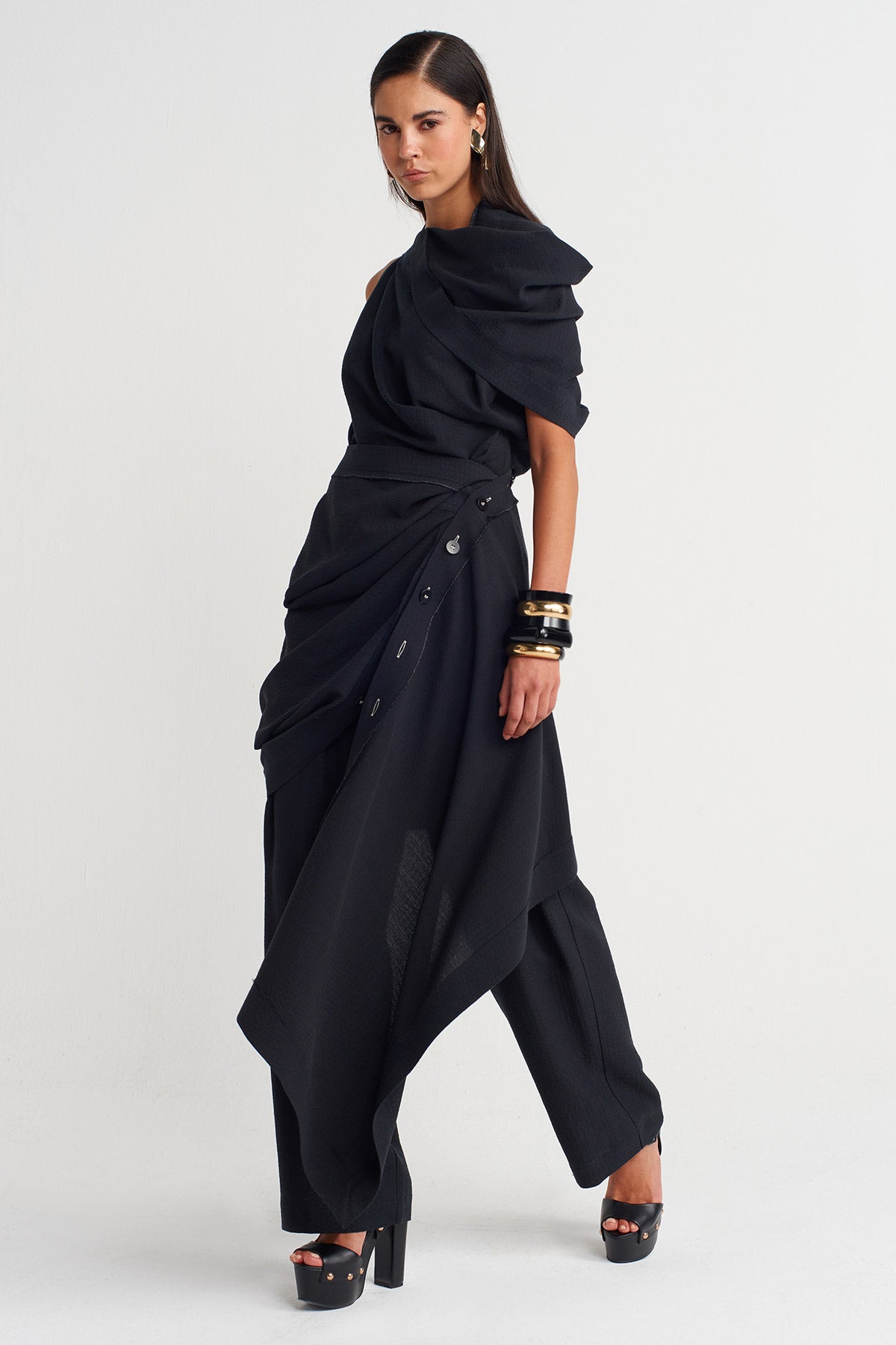 Black Asymmetric Sculptural Draped Dress-Y264014012