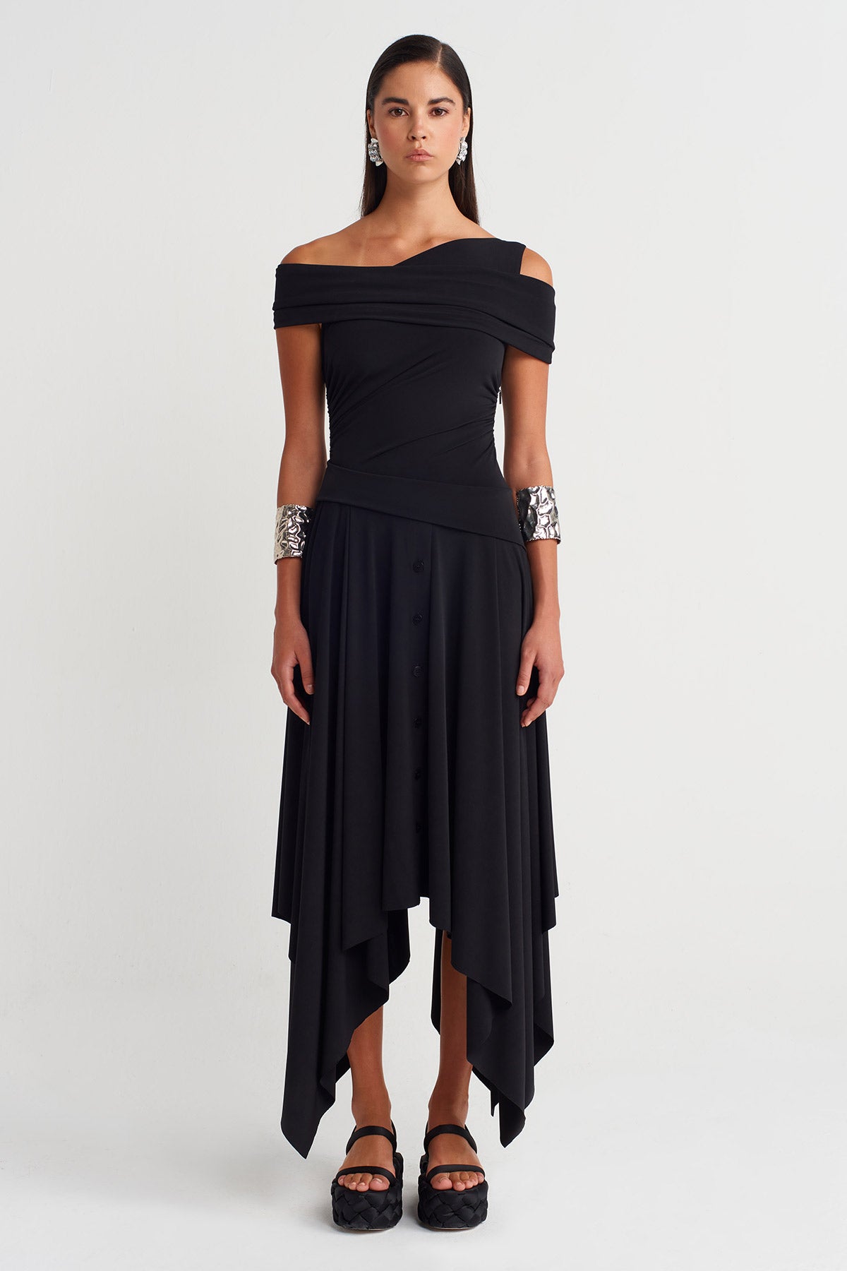Black Asymmetric Draped Jersey Dress-Y264014013