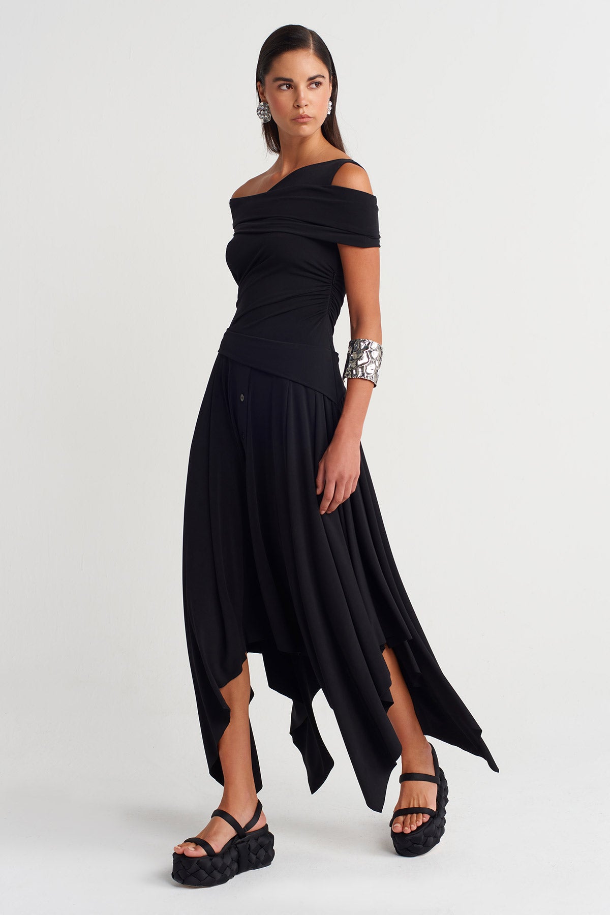 Black Asymmetric Draped Jersey Dress-Y264014013