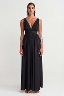 Black V-Neck Draped Maxi Dress-Y264014017