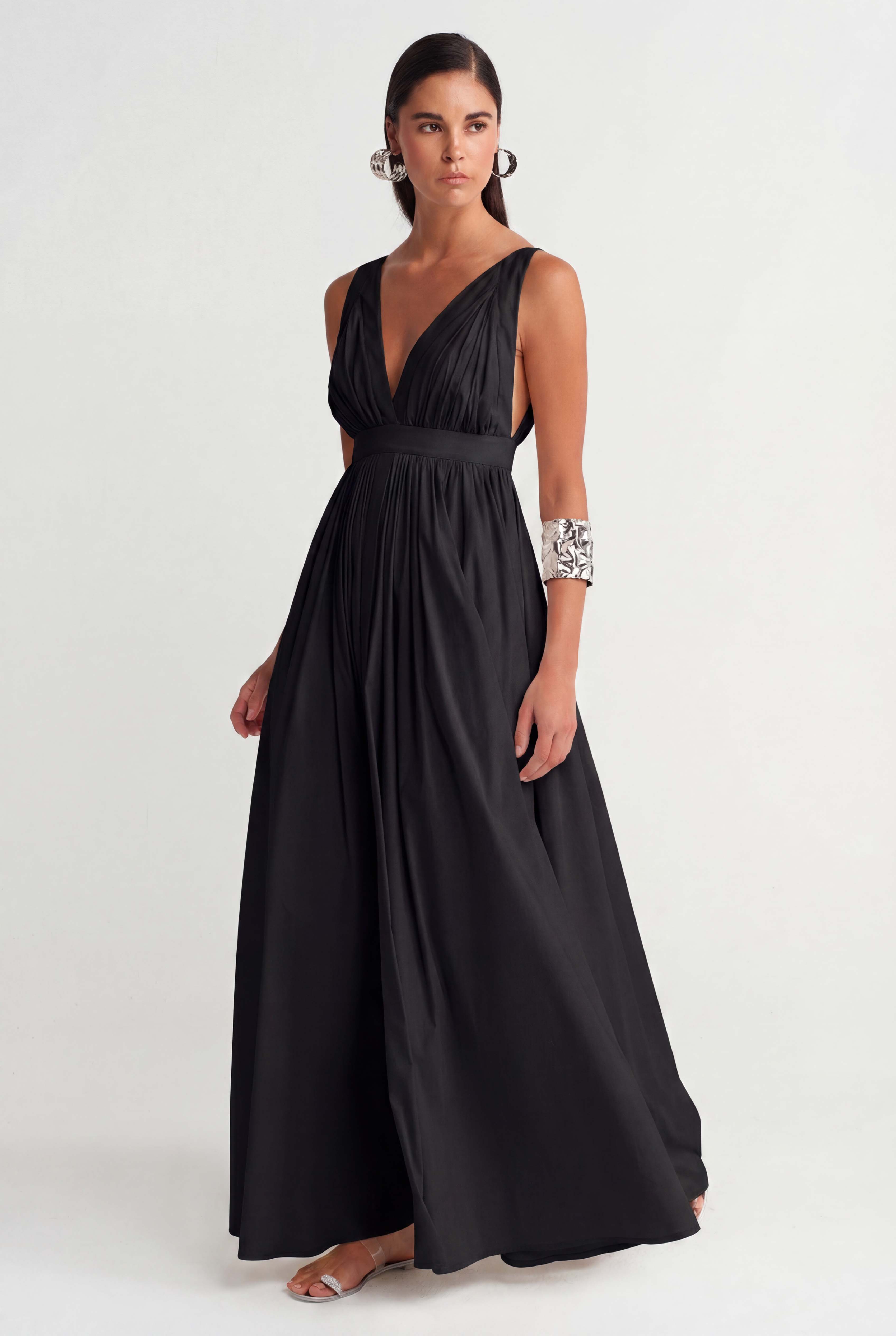 Black V-Neck Draped Maxi Dress-Y264014017