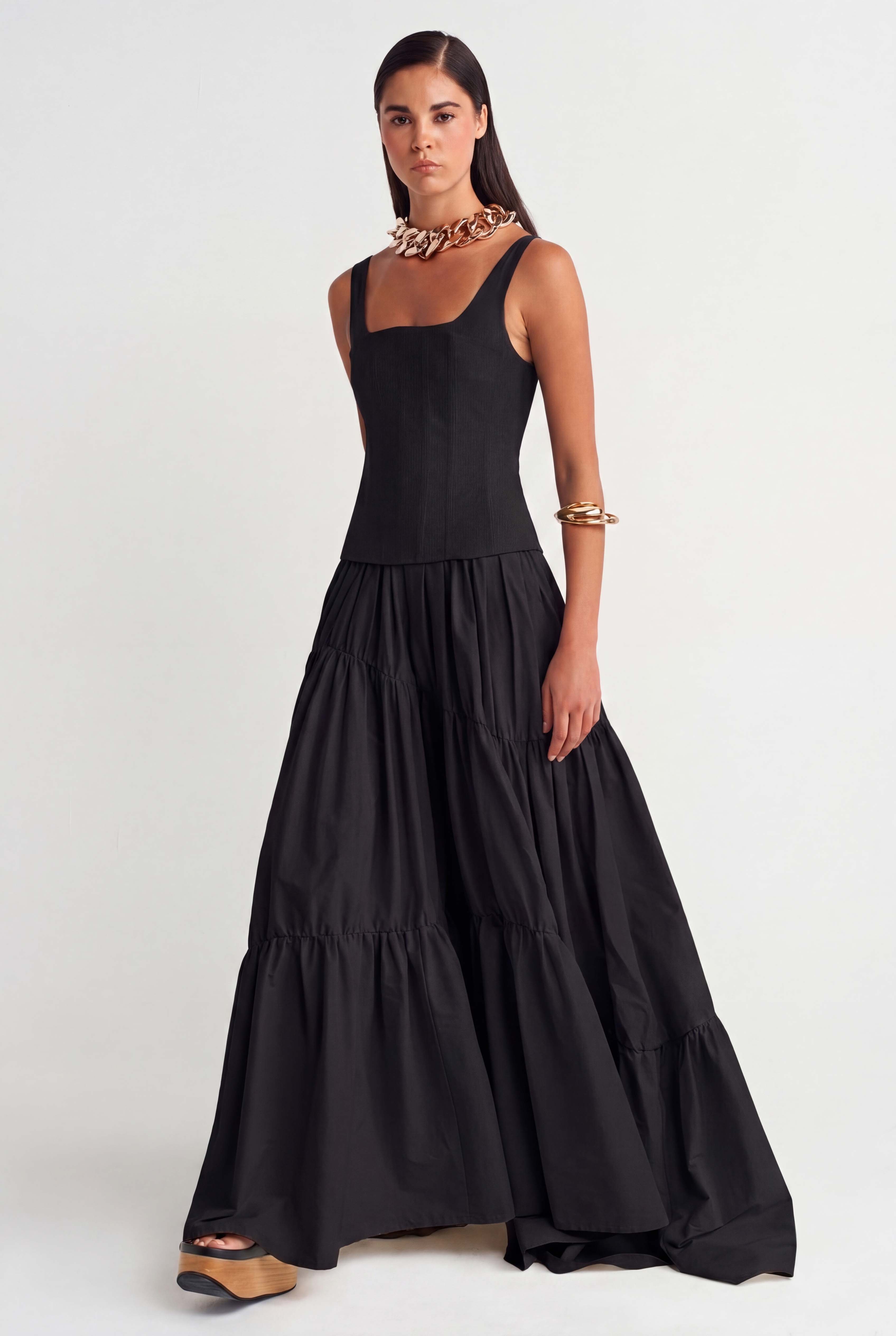 Black Corset-Inspired Top & Tiered Maxi Dress-Y264014018