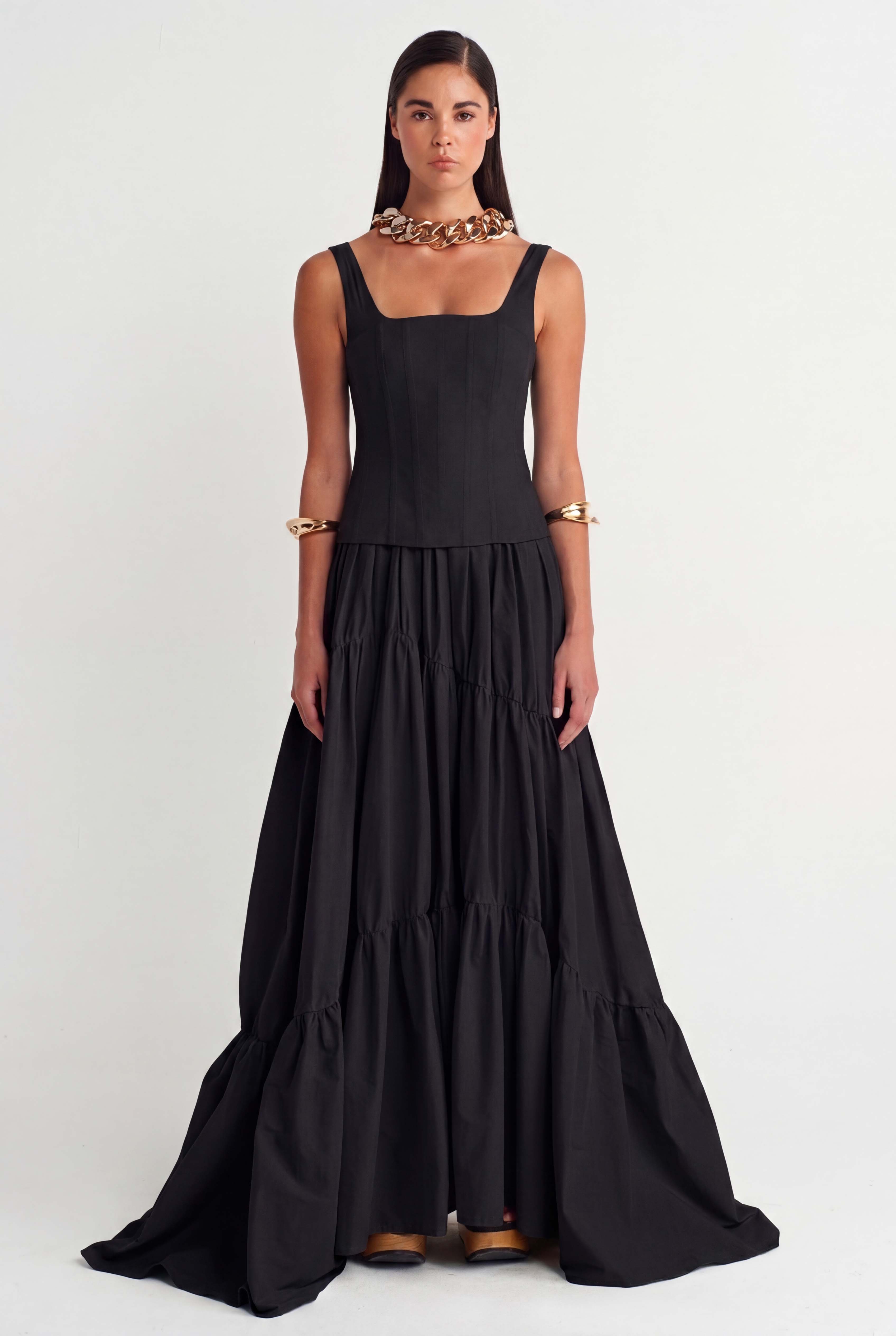 Black Corset-Inspired Top & Tiered Maxi Dress-Y264014018