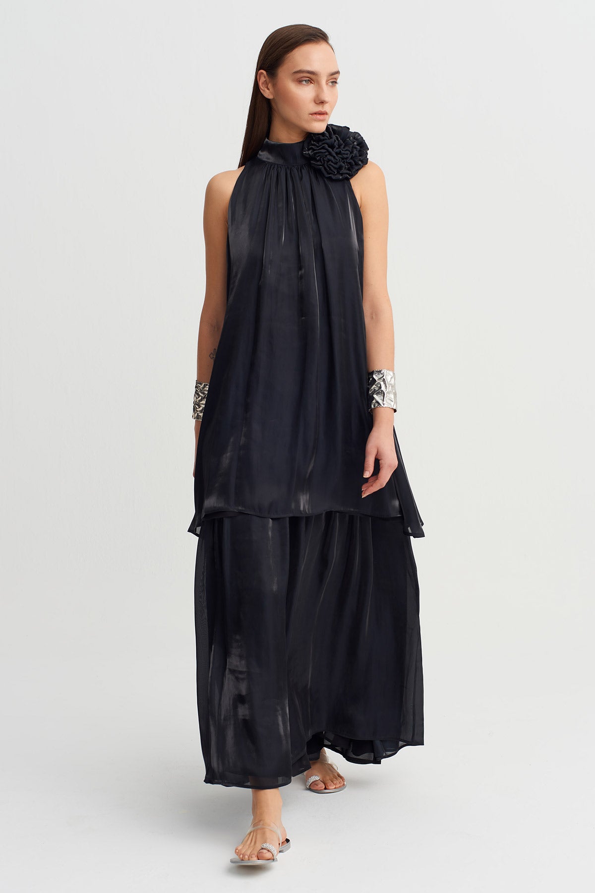 Black Satin Dress with Floral Neck Detail-Y264014019