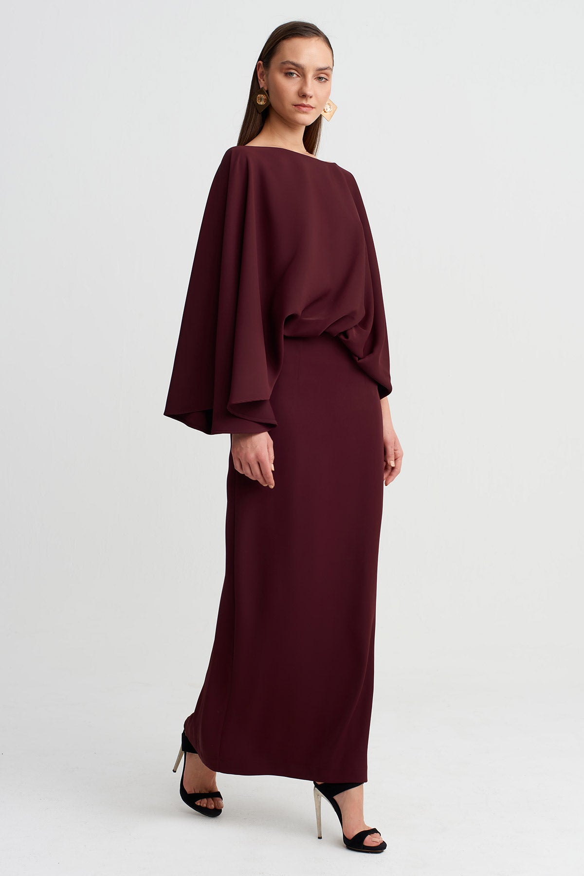 Burgundy Boat Neck Cape-Detail Long Dress-Y264014022