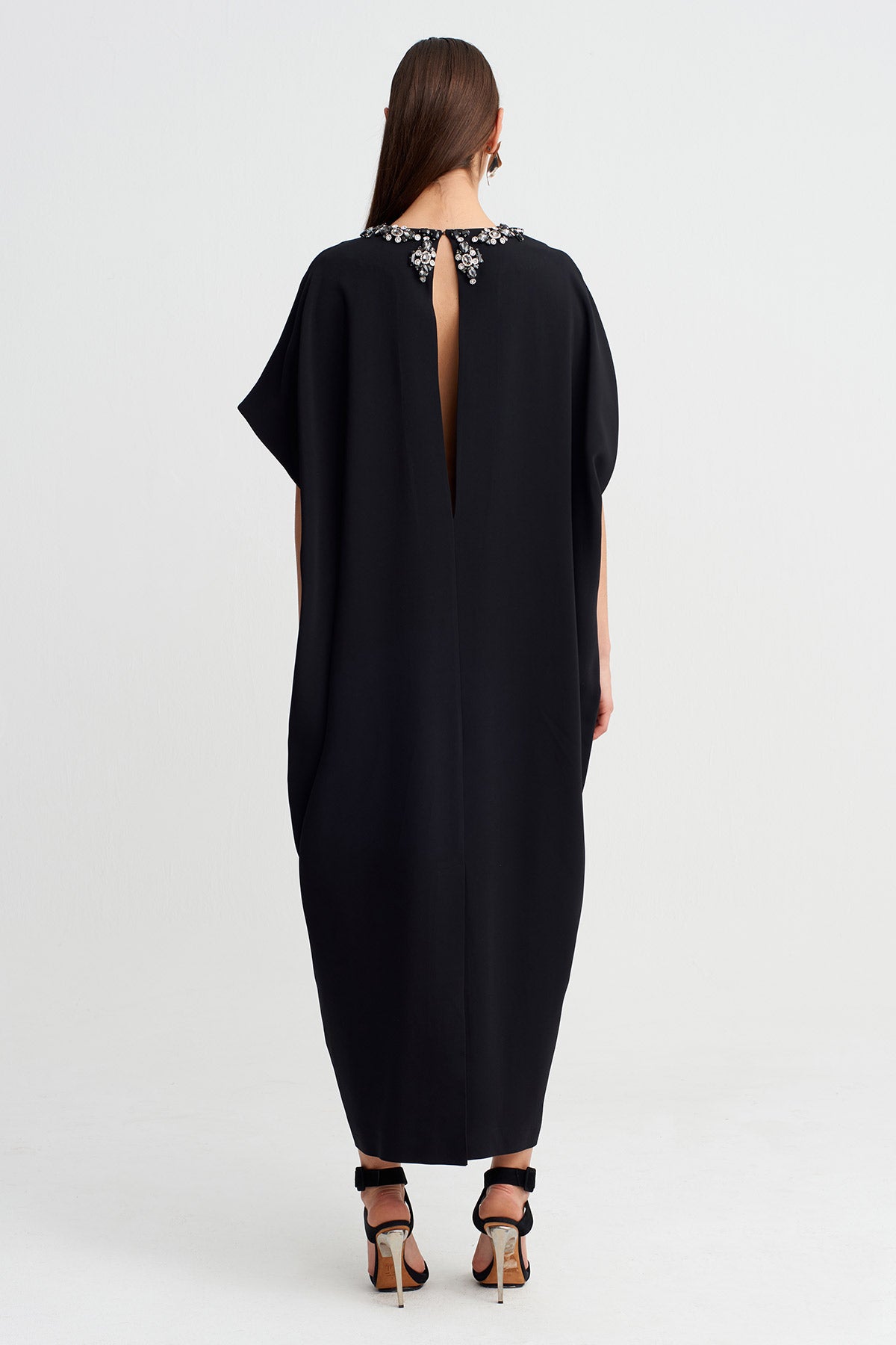 Black Embellished Sheer Neckline Long Dress-Y264014023