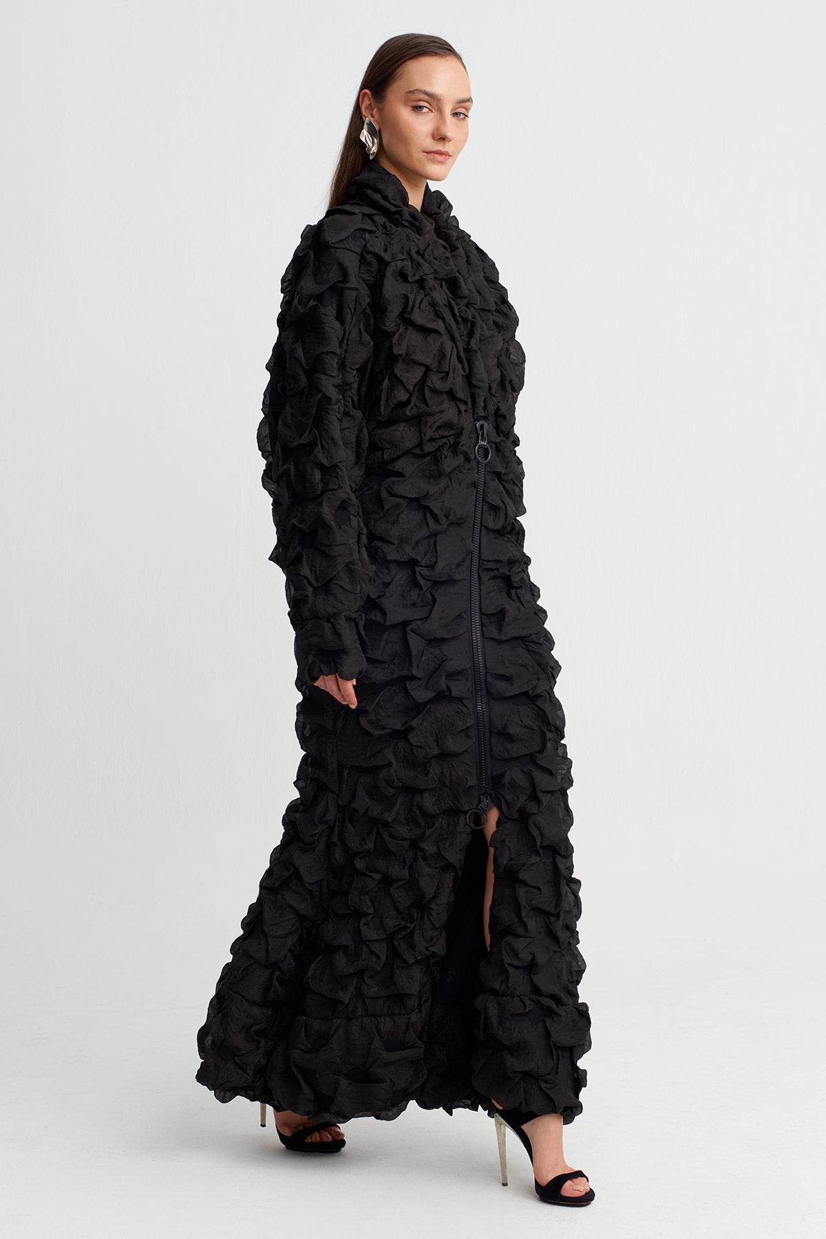Black Textured Long Dress With Zipper Detail-Y264014070