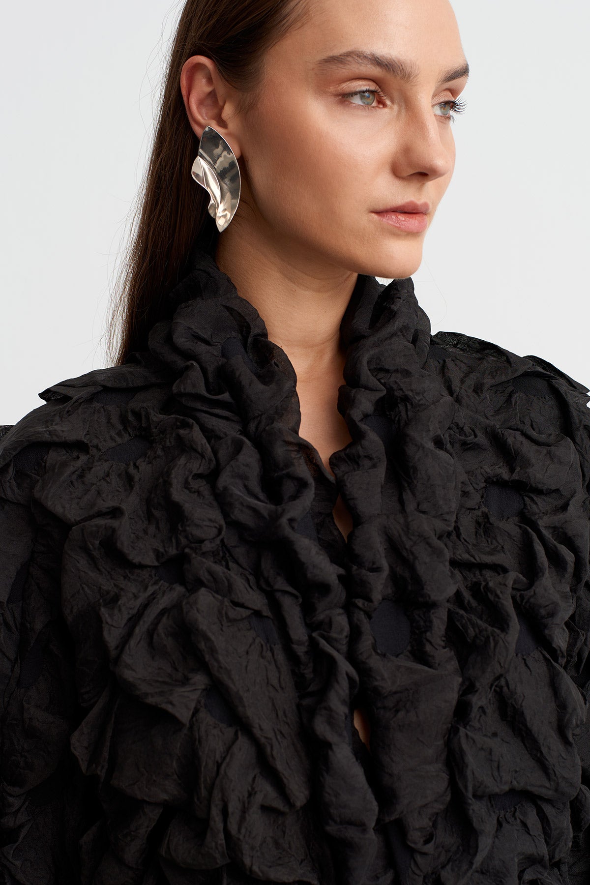 Black Textured Long Dress With Zipper Detail-Y264014070