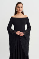 Black Lace Detailed Jersey Dress-Y264014074
