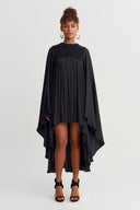 Black Cape Sleeve Jersey Satin Dress-Y264014076