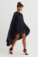 Black Cape Sleeve Jersey Satin Dress-Y264014076