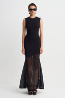 Black Fish-Cut Dress with Mesh Detail-Y264014089