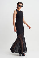 Black Fish-Cut Dress with Mesh Detail-Y264014089