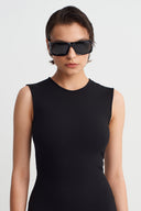 Black Fish-Cut Dress with Mesh Detail-Y264014089