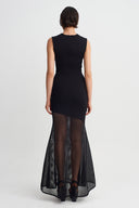 Black Fish-Cut Dress with Mesh Detail-Y264014089