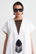 Off White Embellished V-Neck Long Dress-Y264014091