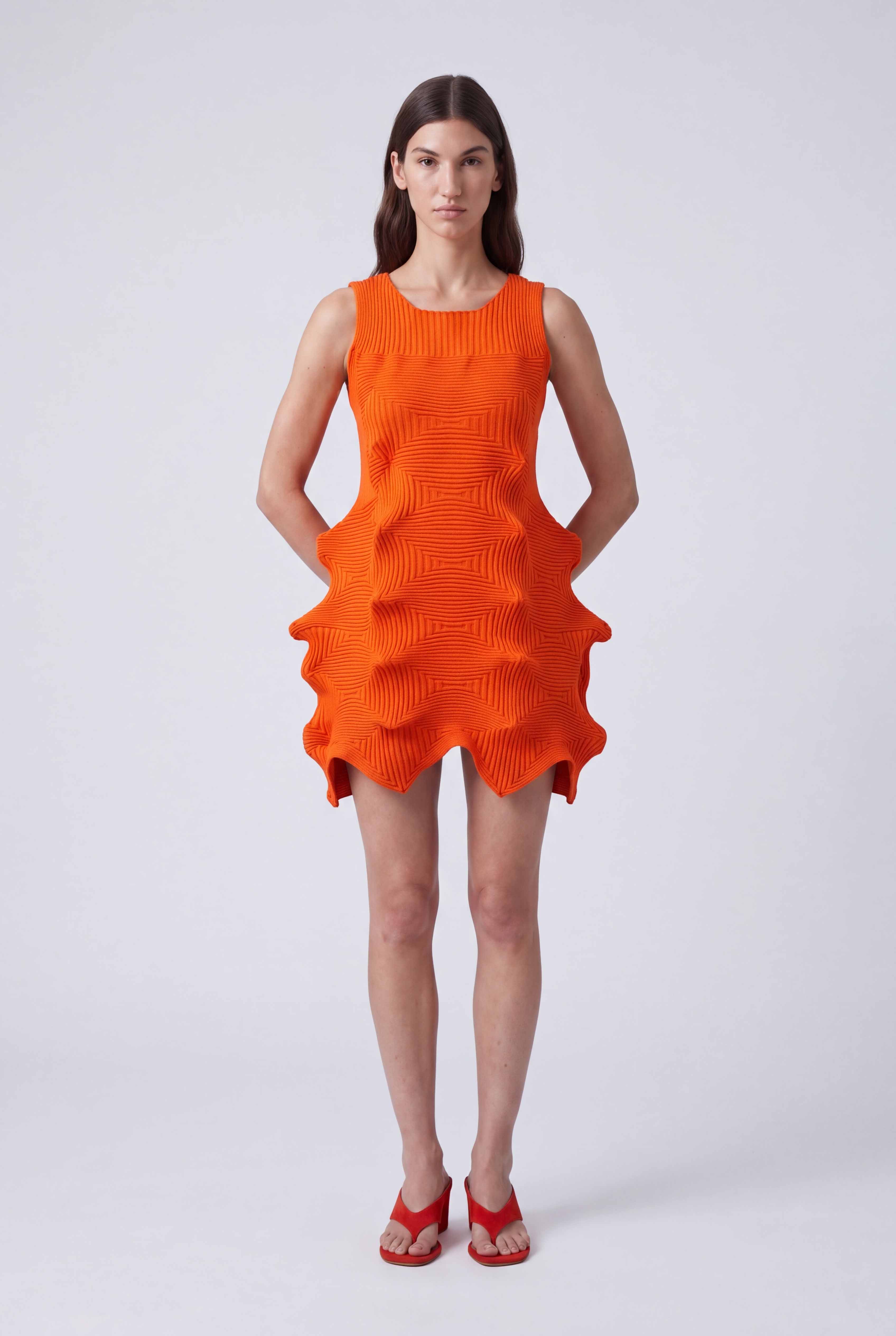Orange Origamic Short Knit Dress-Y264014103