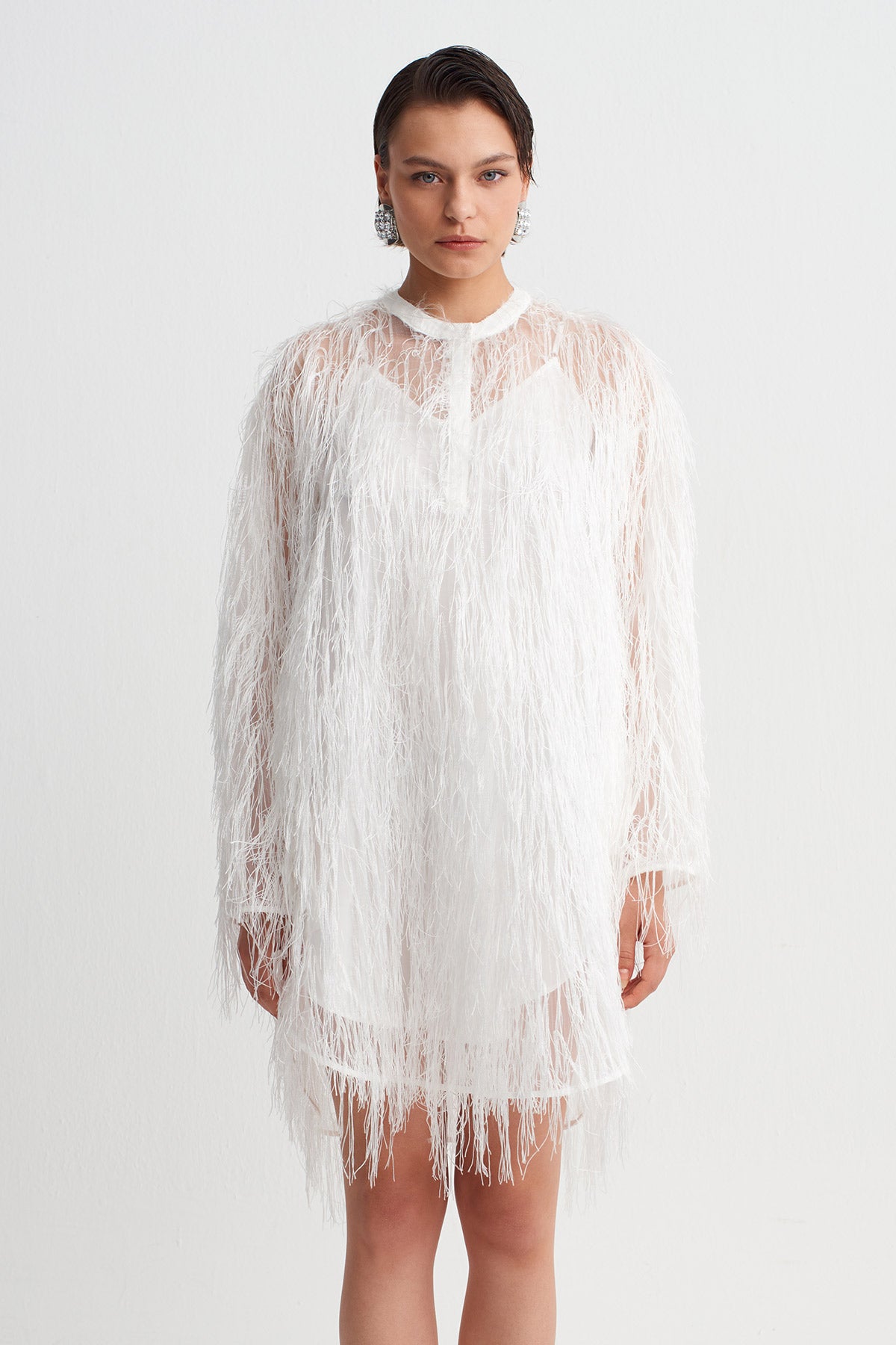Off White Fringed Mini Dress-Y264014121