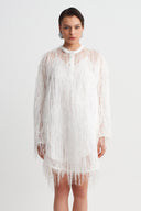 Off White Fringed Mini Dress-Y264014121