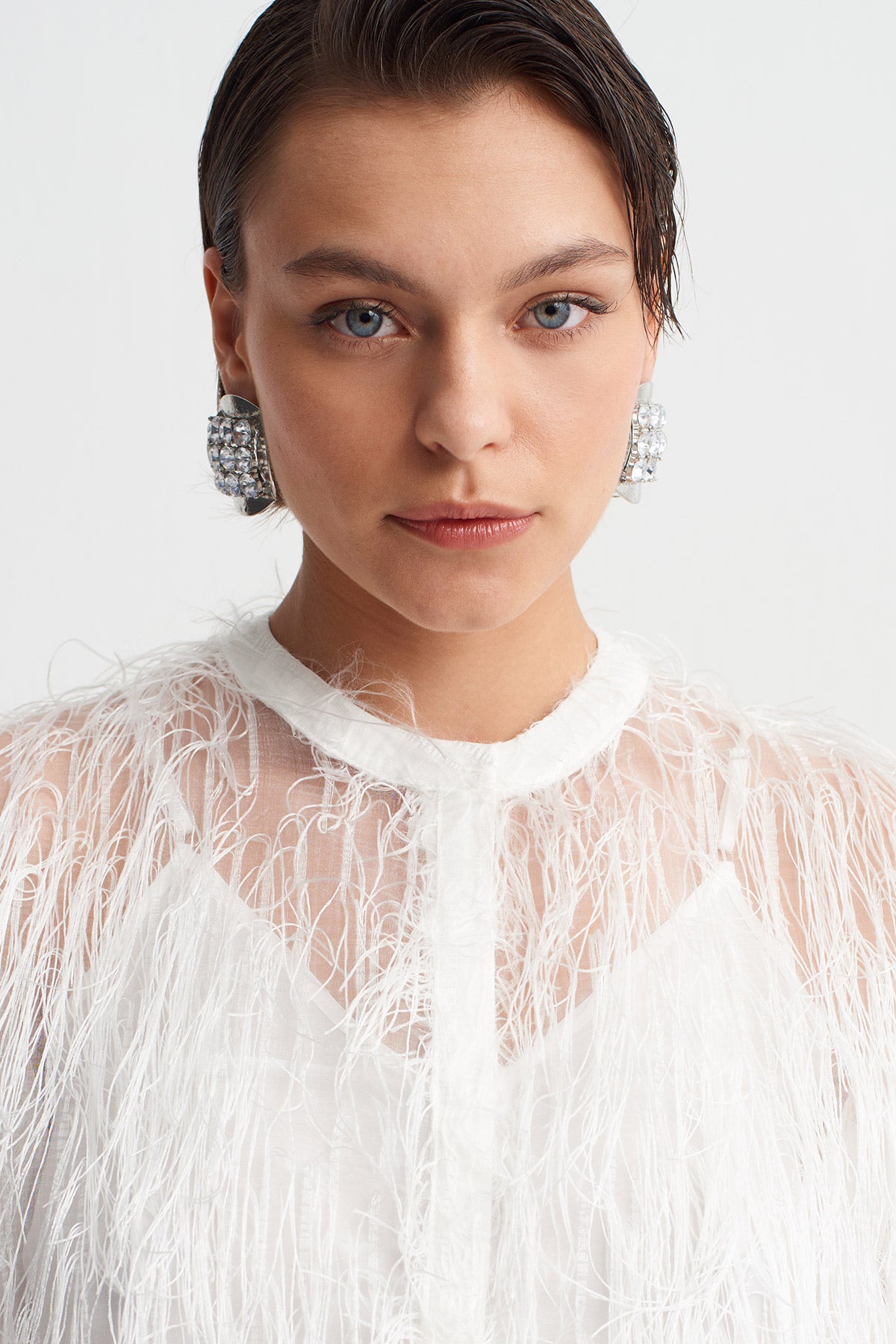 Off White Fringed Mini Dress-Y264014121